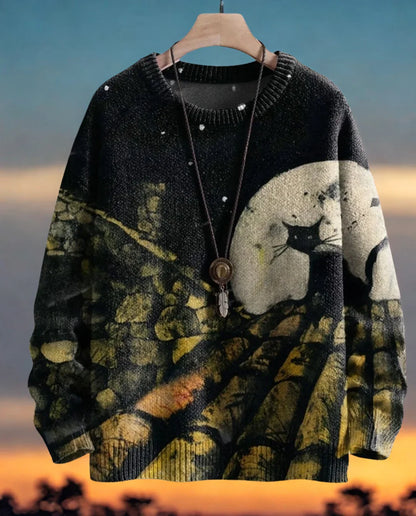 Mystical Moon Cat 3D Knit Sweater - Dark Base, Ethereal Design, Unisex Winter Cozy Pullover