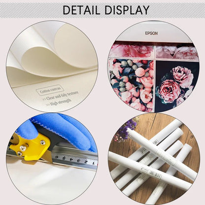 Close-up details of Islamic calligraphy wall art: premium matte paper texture, floral pattern backing, blue scissors cutting edge, and rolled print packaging