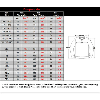 Size chart for a sweatshirt with measurements in centimeters and inches.