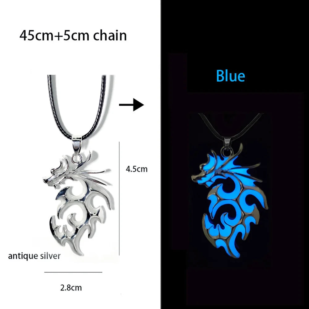 Dragon-shaped pendant necklace in antique silver and blue on a black background