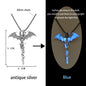 Glowing bat-shaped pendant with measurements and color options on a black background.