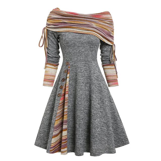 Women's Fall Winter Off-Shoulder A-Line Dress – Convertible Neck, Long Sleeve, Colour block Midi with Button Detail