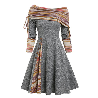 Women's Fall Winter Off-Shoulder A-Line Dress – Convertible Neck, Long Sleeve, Colour block Midi with Button Detail