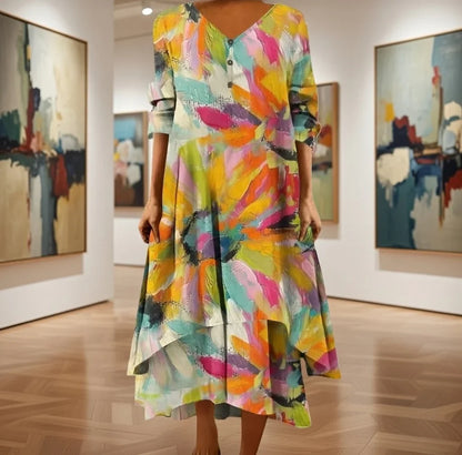 Elegant woman wearing vibrant floral maxi dress in boutique hallway — natural waist, inclined shoulder, ankle-length flow.