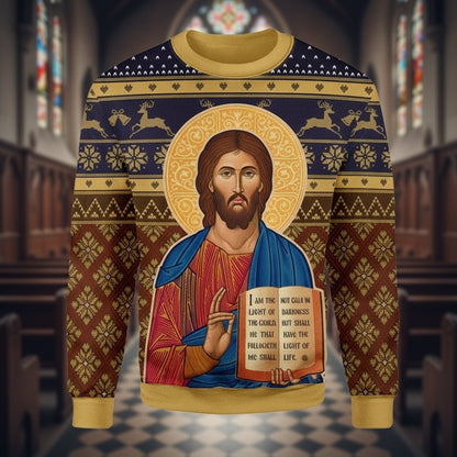 Sweater with religious icon and text on a patterned background