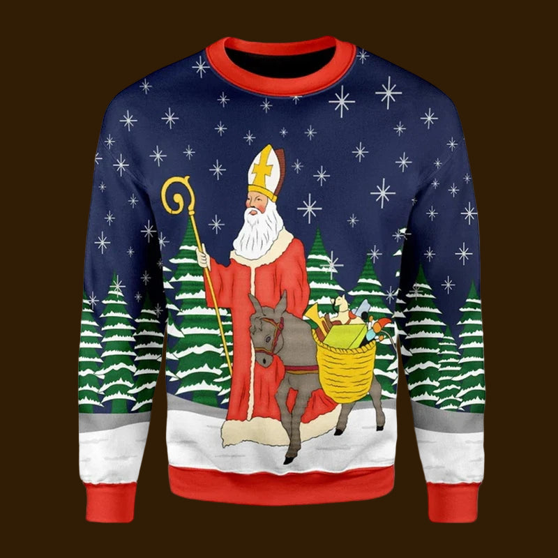 Sweater with Saint Nicholas and donkey design on a blue background with snowflakes