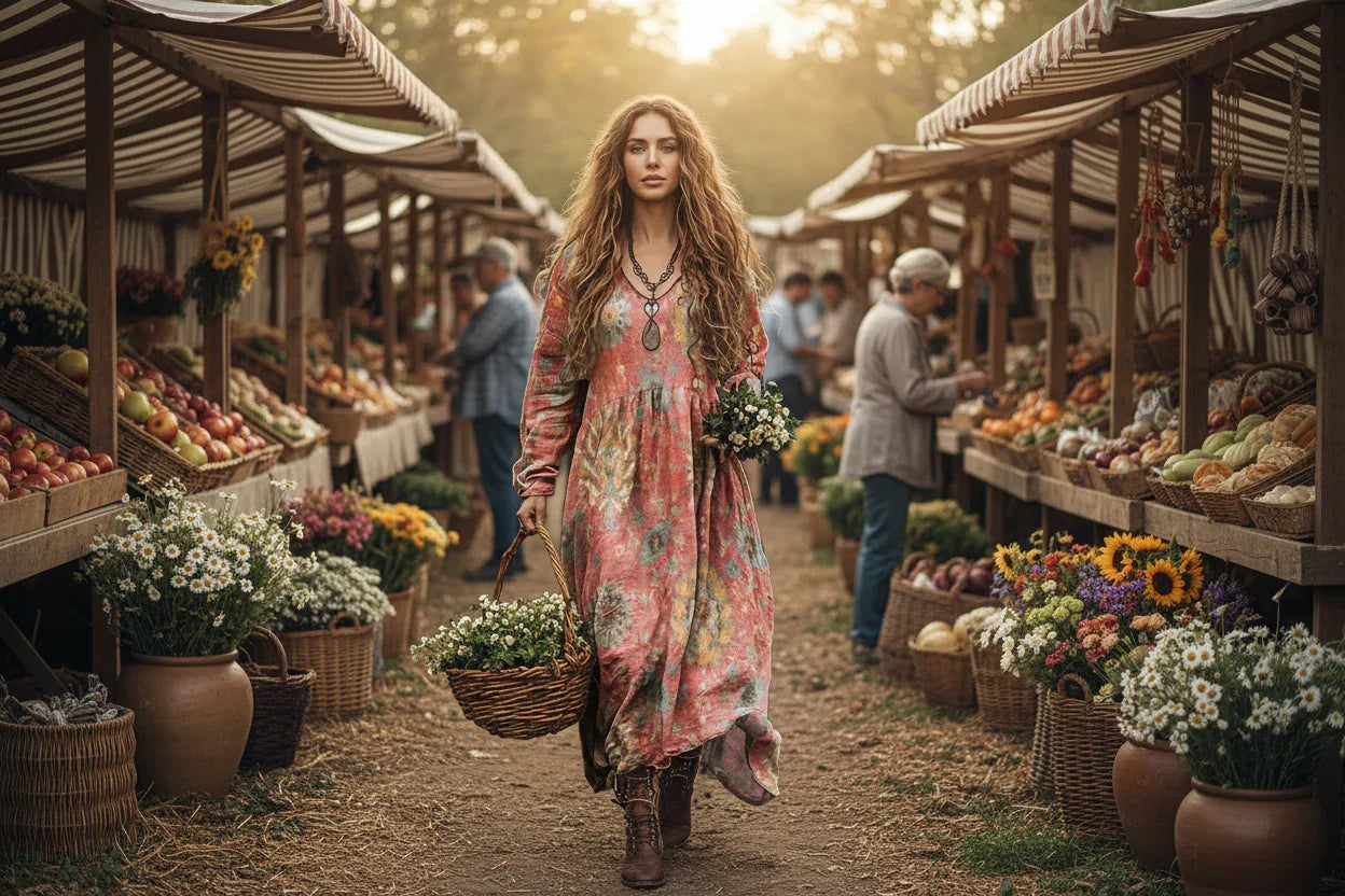 Woman in a floral dress holding a basket and flowers in a natural setting