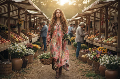 Woman in a floral dress holding a basket and flowers in a natural setting