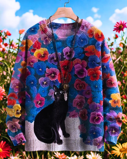 Black cat sitting in a field of colorful flowers on a bright blue 3D sweater