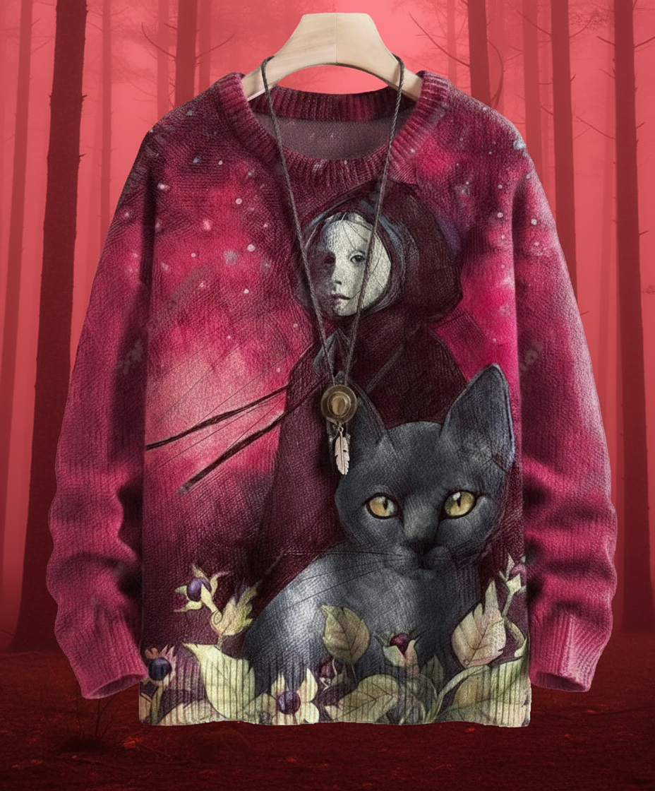 Vibrant pink 3D printed Halloween sweater featuring a black cat and a ghostly witch figure