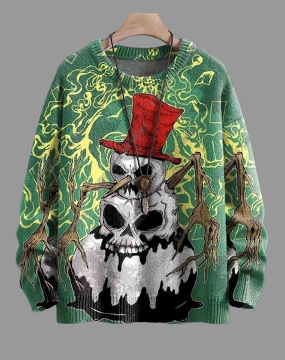 Fourth Row, Fourth (Repeating Skull in Top Hat)
Vibrant green sweater with repeating 3D print of a skull wearing a red top hat, wrapped in eerie vines and mist.