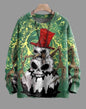 Fourth Row, Fourth (Repeating Skull in Top Hat)
Vibrant green sweater with repeating 3D print of a skull wearing a red top hat, wrapped in eerie vines and mist.