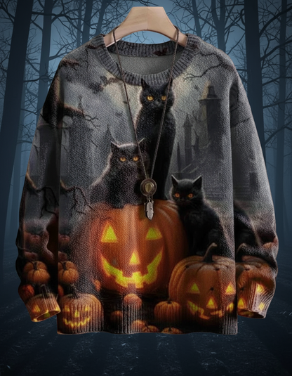Dark grey 3D printed Halloween sweater with a carved pumpkin surrounded by black cats in a spooky forest