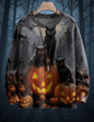 Dark grey 3D printed Halloween sweater with a carved pumpkin surrounded by black cats in a spooky forest