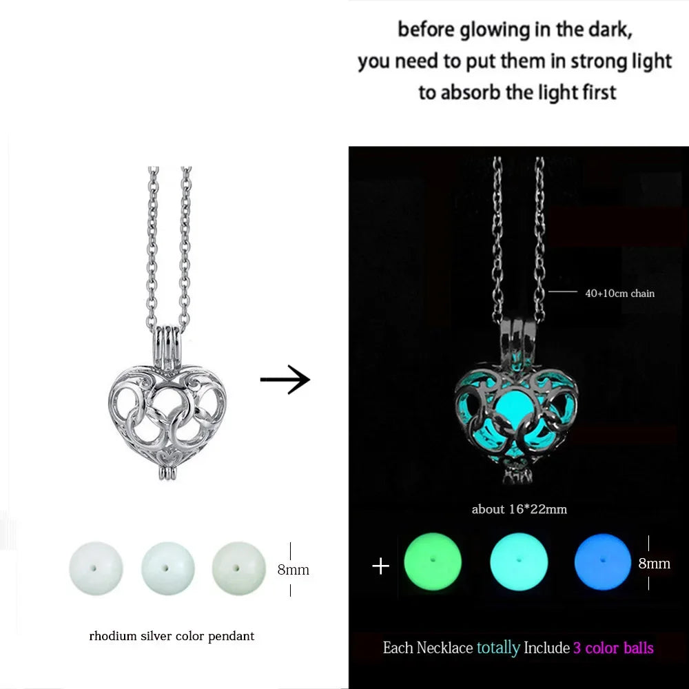 Glowing heart-shaped pendant with instructions on how to activate its glow.