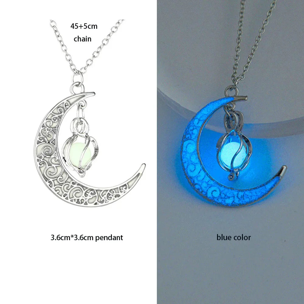 Glowing moon-shaped pendant with chain on a white background