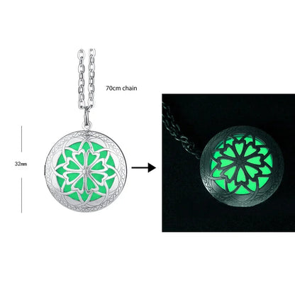 Glowing pendant with floral design on a chain, showing size and chain length.