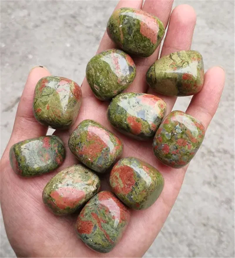 Natural unakite tumbled stones with green and red patterns for emotional balance