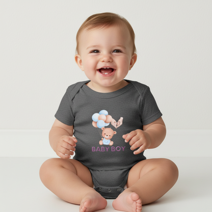 Heather gray baby boy bodysuit – soft cotton-poly blend, stylish side seams, perfect for active babies 3–24 months