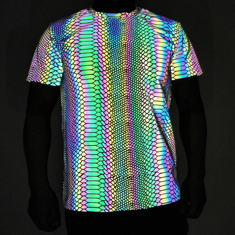 Reflective Snake Print T-Shirt – Glow-in-the-Dark Rainbow Colour Streetwear for Night Visibility