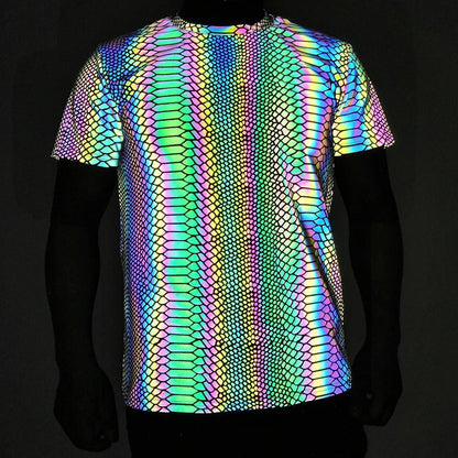 Reflective Snake Print T-Shirt – Glow-in-the-Dark Rainbow Colour Streetwear for Night Visibility