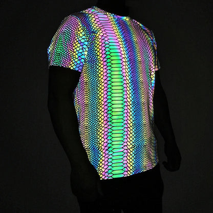 Reflective Snake Print T-Shirt – Glow-in-the-Dark Rainbow Colour Streetwear for Night Visibility