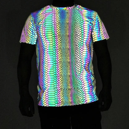 Reflective Snake Print T-Shirt – Glow-in-the-Dark Rainbow Colour Streetwear for Night Visibility