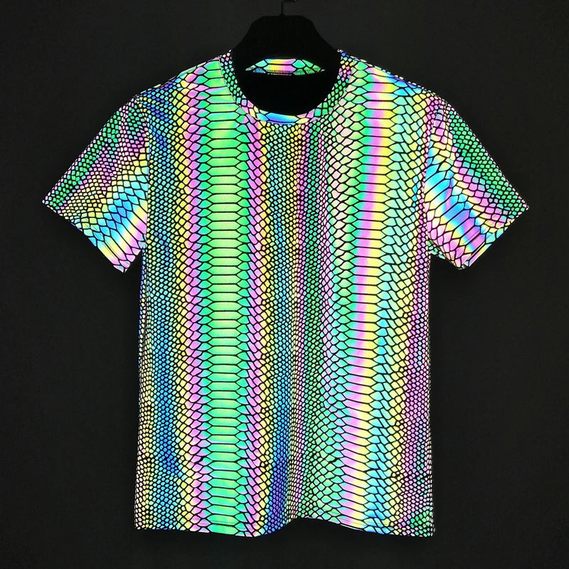 Reflective Snake Print T-Shirt – Glow-in-the-Dark Rainbow Colour Streetwear for Night Visibility