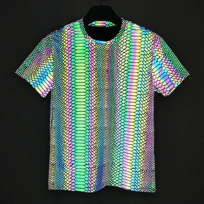 Reflective Snake Print T-Shirt – Glow-in-the-Dark Rainbow Colour Streetwear for Night Visibility