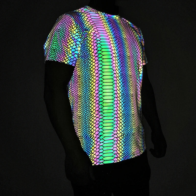 Reflective Snake Print T-Shirt – Glow-in-the-Dark Rainbow Colour Streetwear for Night Visibility