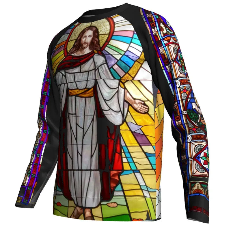 Religious Cycling Jersey – Stained Glass Jesus & Virgin Mary Long Sleeve MTB Bike Shirt for Men & Women | Breathable, Quick-Dry, Unisex Church Wear for Mountain Biking & Road Cycling