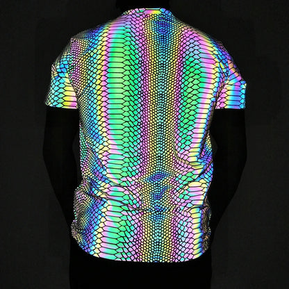Reflective Snake Print T-Shirt – Glow-in-the-Dark Rainbow Colour Streetwear for Night Visibility