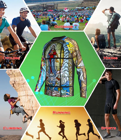 Religious Cycling Jersey – Stained Glass Jesus & Virgin Mary Long Sleeve MTB Bike Shirt for Men & Women | Breathable, Quick-Dry, Unisex Church Wear for Mountain Biking & Road Cycling