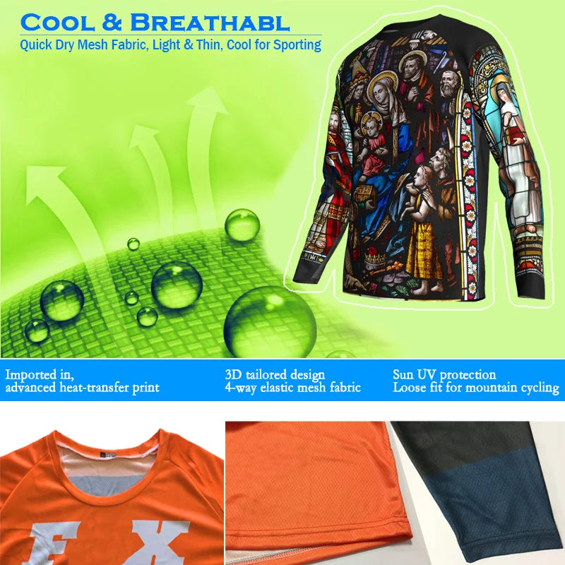 Religious Cycling Jersey – Stained Glass Jesus & Virgin Mary Long Sleeve MTB Bike Shirt for Men & Women | Breathable, Quick-Dry, Unisex Church Wear for Mountain Biking & Road Cycling