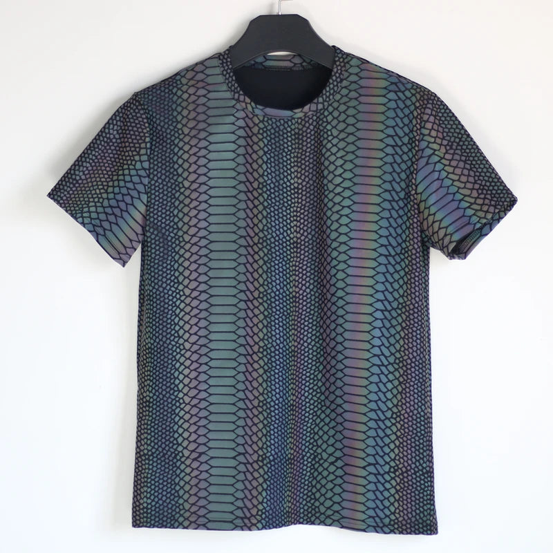 Reflective Snake Print T-Shirt – Glow-in-the-Dark Rainbow Colour Streetwear for Night Visibility