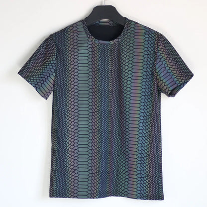 Reflective Snake Print T-Shirt – Glow-in-the-Dark Rainbow Colour Streetwear for Night Visibility