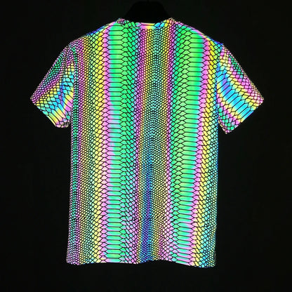 Reflective Snake Print T-Shirt – Glow-in-the-Dark Rainbow Colour Streetwear for Night Visibility