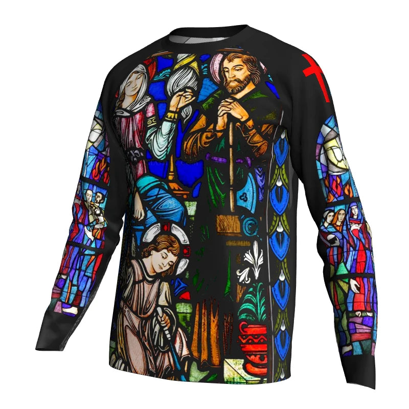 Religious Cycling Jersey – Stained Glass Jesus & Virgin Mary Long Sleeve MTB Bike Shirt for Men & Women | Breathable, Quick-Dry, Unisex Church Wear for Mountain Biking & Road Cycling
