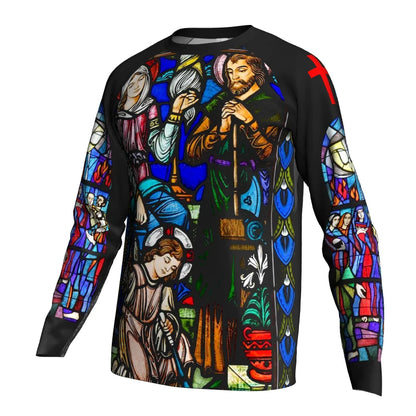 Religious Cycling Jersey – Stained Glass Jesus & Virgin Mary Long Sleeve MTB Bike Shirt for Men & Women | Breathable, Quick-Dry, Unisex Church Wear for Mountain Biking & Road Cycling