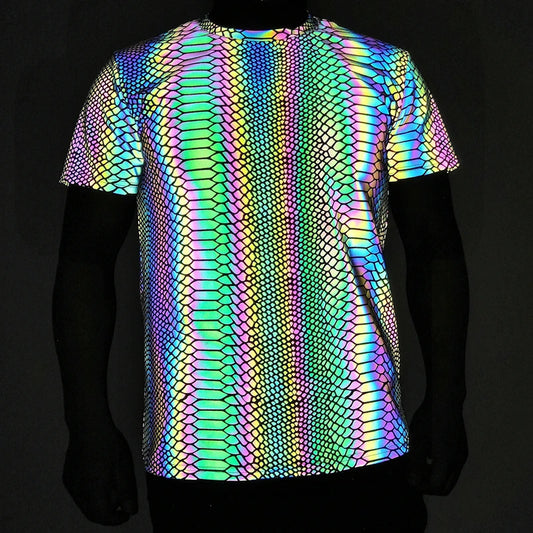 Reflective Snake Print T-Shirt – Glow-in-the-Dark Rainbow Colour Streetwear for Night Visibility
