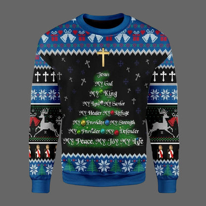 Ugly Christmas sweater with religious text and designs on a white background