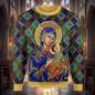 Sweater with religious icon design on a patterned background