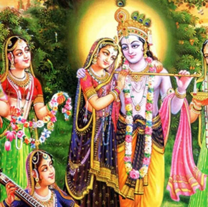 Intimate portrait of Radha and Krishna with floral garlands tapestry