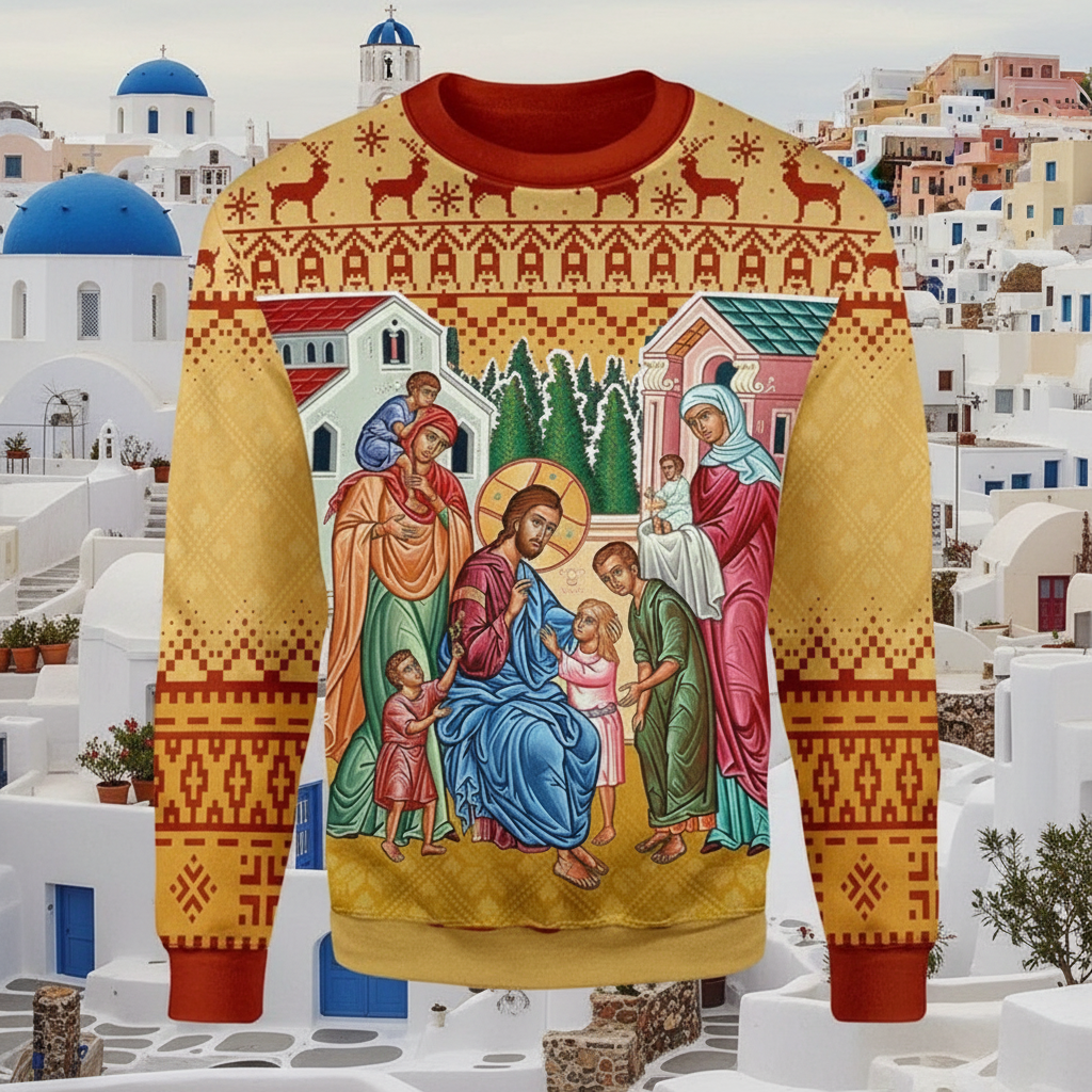 Ugly Christmas sweater with religious design in front of a colorful Mediterranean village.