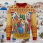 Ugly Christmas sweater with religious design in front of a colorful Mediterranean village.