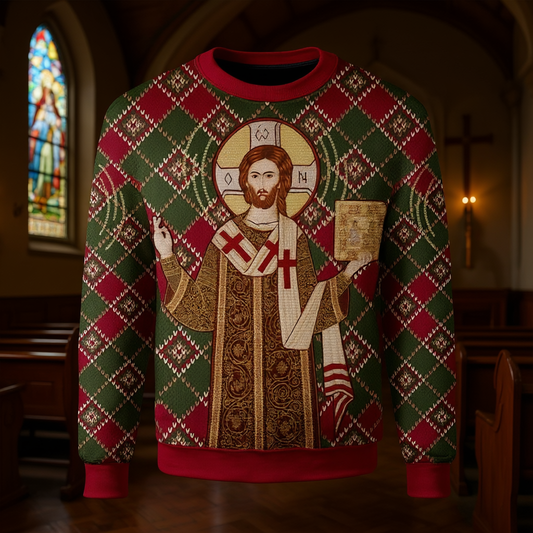 Christmas sweater with religious design in a church setting