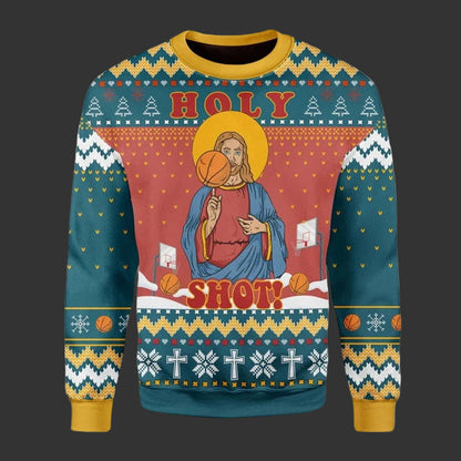 Sweater with religious figure holding a basketball and 'Holy Shot!' text on a patterned background