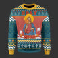 Sweater with religious figure holding a basketball and 'Holy Shot!' text on a patterned background