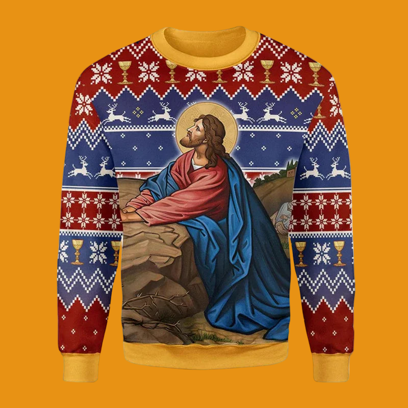 Sweater with religious design and festive patterns on a white background