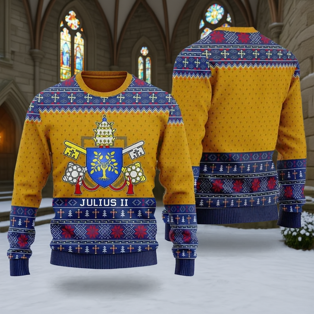 Yellow sweater with blue and red patterns and 'Julius II' text, displayed indoors.